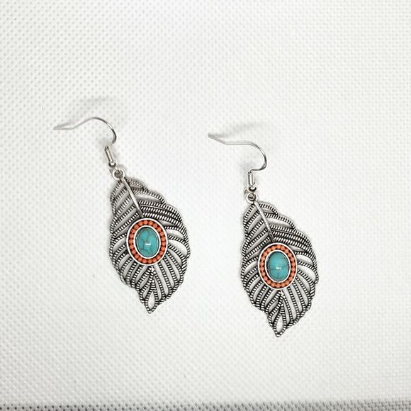 Boho Feather Turquoise Stone Dangle Statement Earrings Drop Cutout Chandelier - Picture 3 of 8